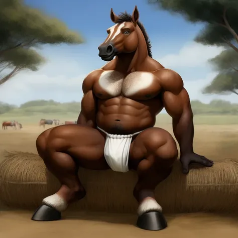 Furry, Antro, Horse Brown, Fundoshi bulto, Fundoshi White, Solo, Bulto Male, Hooves ,Detallado, cuerpo completo, cuerpo furry, eyes equine Farm, campo de mazorcas, pupil blue