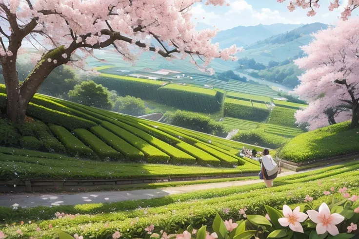 best quality，actual，real life，photography，masterpiece，best quality，There are several cherry blossoms in the tea field，Terraces，Dotted in the tea fields，Cherry blossoms are blooming one by one in the tea field，Structured，colorful，big scene，No characters req...