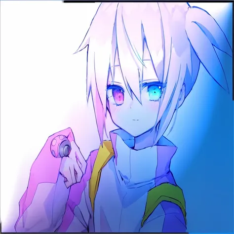 anime boy with green eyes holding a pink object in his hand, [[[[with an evil smile]]]], unknown art style, paint tool size!! green, 2D anime style, 悲しそうなgreenい目, anime moe art style, colored line drawing, Bright colors.Digital 2D, Hero 2D Fan Art Art Stat...