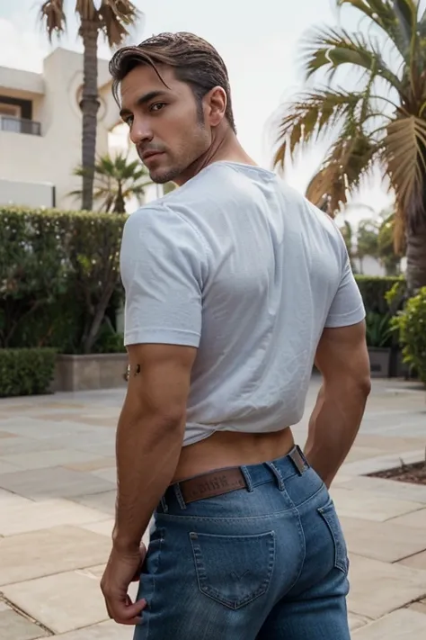 an incredibly handsome and attractive young man of 40 years old with short dark blonde hair and light brown eyes., angular jaw, Cara de la caja, barba mediana, Alto y muy musculoso, muy nalgon, vistiendo una camisa blanca, vaqueros & Botas. Full body, back...