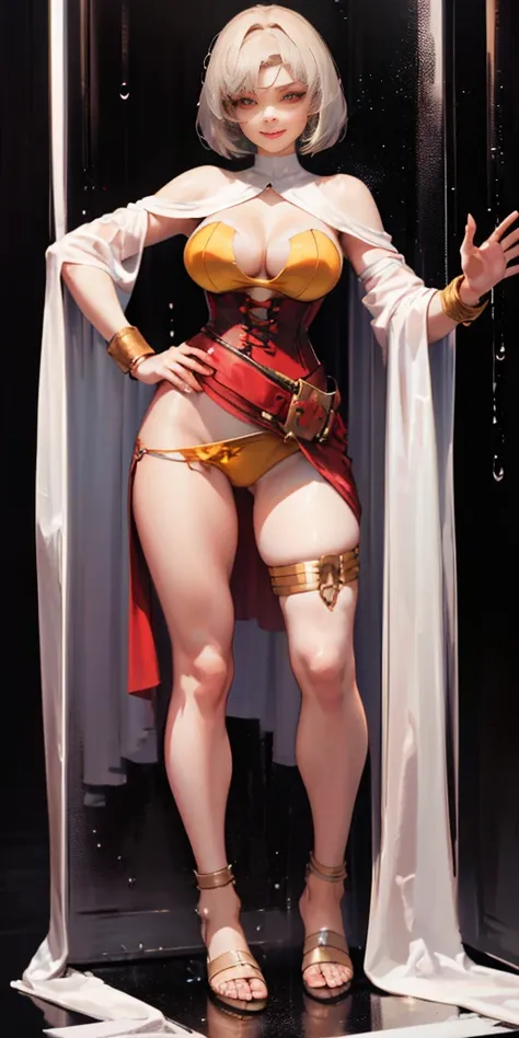 ((BLACK BACKGROUND,1:2, masterpiece)), full body MILF BIMBO standing with two long thighs and two metal sandals, red eyes, silver white hair, short bob style hair, big breasts, cleavage, separate sleeves, tiara royal, long cape up to two feet, yellow bikin...