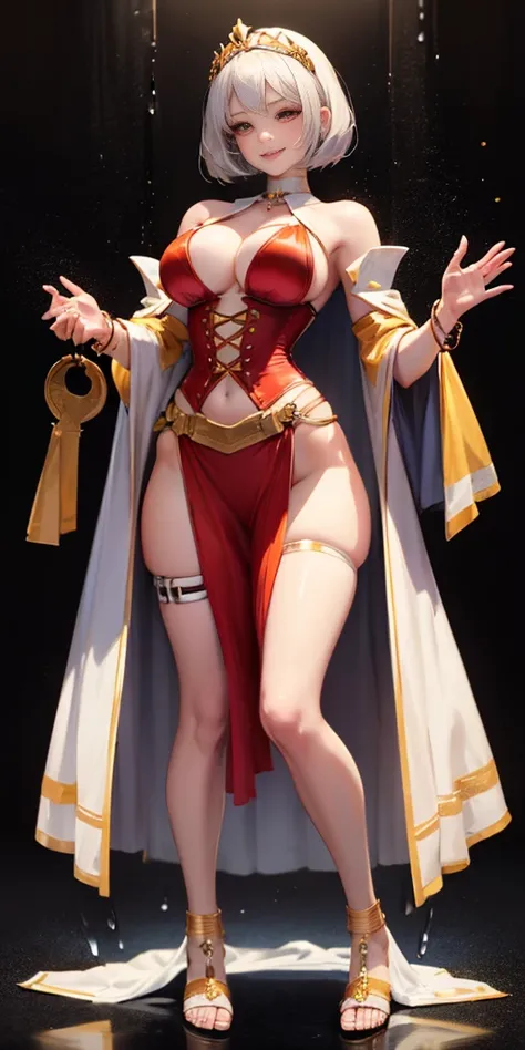 ((BLACK BACKGROUND,1:2, masterpiece)), full body MILF BIMBO standing with two long thighs and two metal sandals, red eyes, silver white hair, short bob style hair, big breasts, cleavage, separate sleeves, tiara royal, long cape up to two feet, yellow bikin...