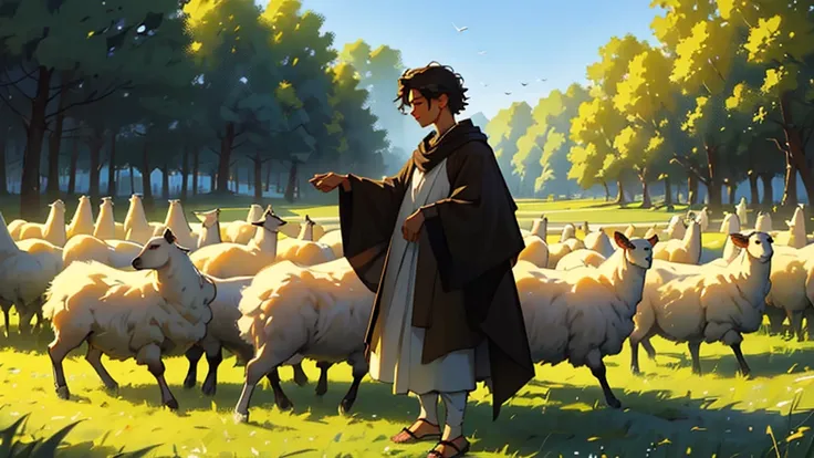 in a cinematic picture shot, abel is portrayed amidst a backdrop of pastoral beauty, surrounded by lush green fields and gentle ...