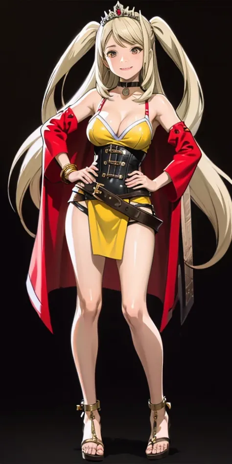 ((BLACK BACKGROUND,1:2, masterpiece)), full body MILF BIMBO standing with two long thighs and two metal sandals, red eyes, silver white hair, short bob style hair, big breasts, cleavage, separate sleeves, tiara royal, long cape up to two feet, yellow bikin...