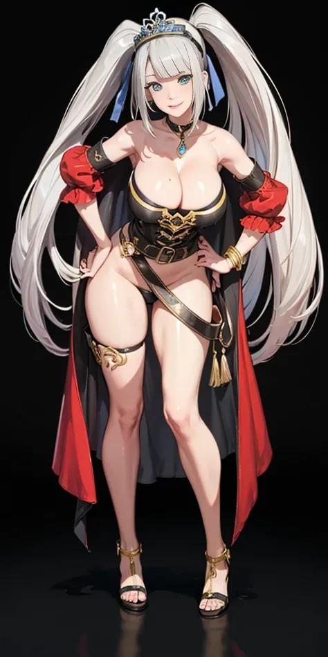 ((BLACK BACKGROUND,1:2, masterpiece)), full body MILF BIMBO standing with two long thighs and two metal sandals, red eyes, silver white hair, short bob style hair, big breasts, cleavage, separate sleeves, tiara royal, long cape up to two feet, yellow bikin...