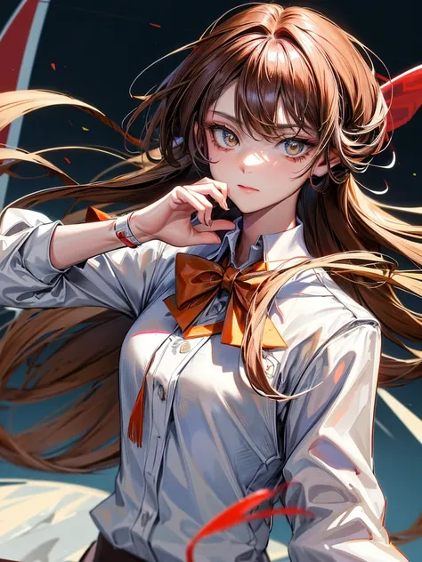 tenjouin asuka, 1girl, solo, long hair, looking at viewer, bangs, brown hair, shirt, bow, hair between eyes, brown eyes, closed mouth, jacket, white shirt, upper body, collared shirt, bowtie, blue bow, border, white jacket, wing collar, blue bowtie