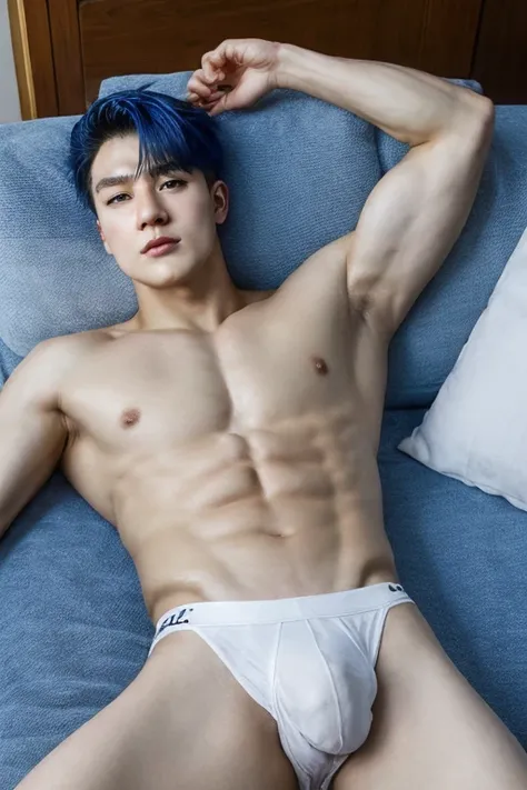 blue haired, Korean teenager, topless, muscular body, building body, handsome, full body, huge bulge in white short underwear, laying down on sofa, lean back, horney face, oily skin, white skin, body hairless, looking viewer, very sexy, dynamic view, photo...