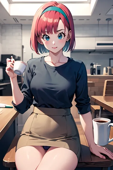 masterpiece, highest quality, High resolution, Dragon Ball, Brumid, aqua hair, medium hair, dull bangs, red hair band, medium breasts, shirt, pencil skirt, panties、cowboy shot, indoors, sitting, holding a cup, coffee, looking at the viewer,