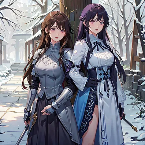 make two friends with warrior armor, the first friend must have armor with blue details, must have long brown hair and use a sword, the second friend must have armor with purple details, have long black braided hair, and must use a sledgehammer