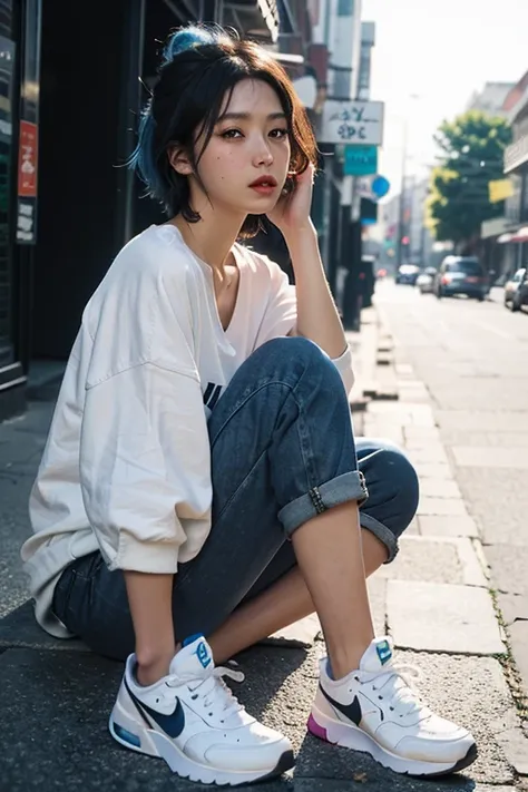 Blue hair Best anamorphic lens photography 50mm lens Close-up of a woman with freckles。In the background, the morning sun shines on her hair.、background is blurry。Hip-hop fashion。fashionable。NIKE sneakers