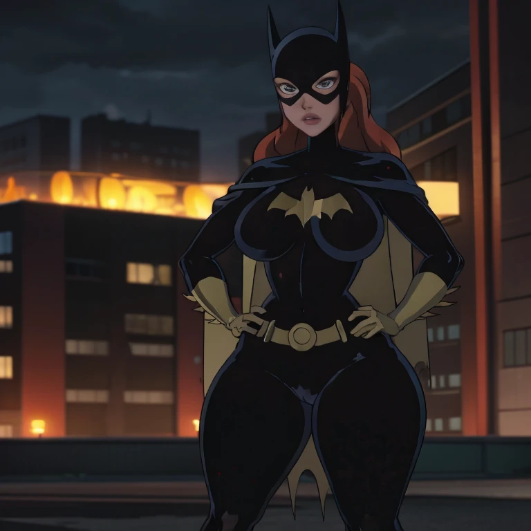 anime style, dcau style, batgirl, posing full body, hand on hips, looking at viewer smirking, red ginger hair, naked with big br...