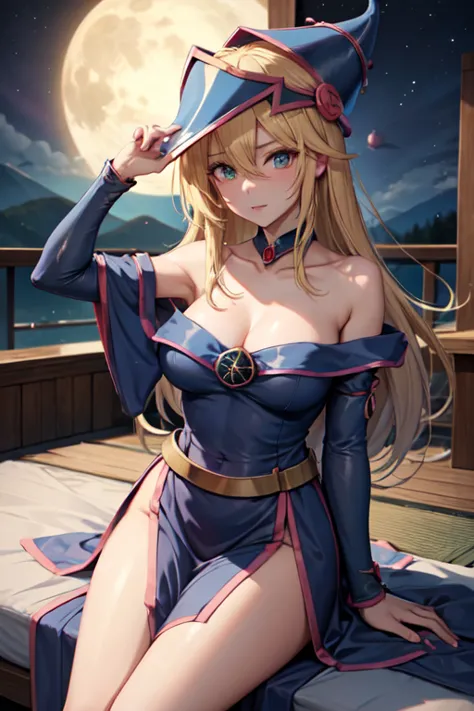 master piece,best quality,ultra detailed,8k,
ambient light,realistic skin,glossy skin,
（dark magician girl, duel monster, blush stickers, blonde hair, green eyes, long hair, breasts, blush, bangs, large breasts, hair between eyes, pentacle, pentagram, hat,...