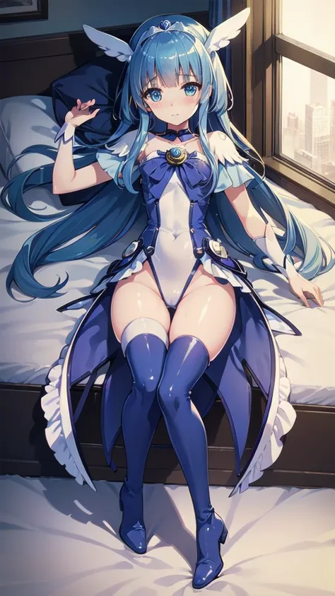 (Very detailed CG), (highest quality), 1 girl, perfect face,  cure beauty，shiny skin, Glossy skin, wide hips,tight waist,leotard，bangs,blue eyes,heel boots，Thighhighs，Elbow Bag,1 girl, long hair, lying on the bed, indoor,