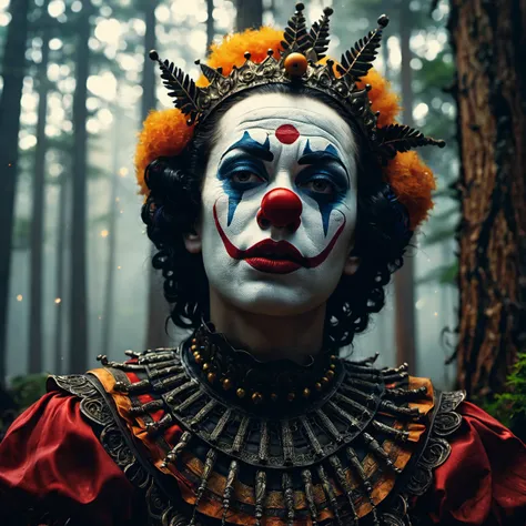 Commercial photography of a clown with mouth opened wide in a pine forest with a circus tent in the background and a camp fire (foggy:1.2), silhouetted in soft shadow, clowns hiding behind trees peaking their heads out to spy on us. (photograph:1.2) , uhd ...