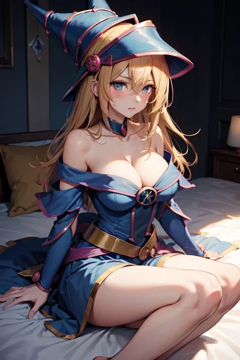 master piece,best quality,ultra detailed,8k,
ambient light,realistic skin,glossy skin,
（dark magician girl, duel monster, blush stickers, blonde hair, green eyes, long hair, breasts, blush, bangs, large breasts, hair between eyes, pentacle, pentagram, hat,...