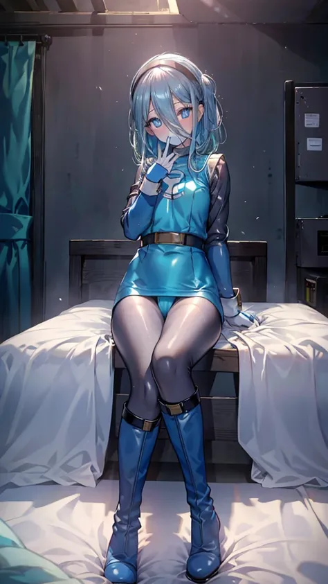 highest quality,sleep on your back in bed，Crab crotch，show me your boots，thigh high boots，leotardチラ見せ，glove，elegant, 1 girl, leotard，body suit，cute, blushed, looking at the viewer, from below, prison，blue eyes, beautiful eyes, beautiful background, particl...