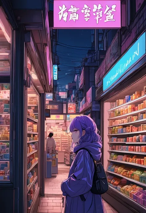 1girl, midnight convenience store, aesthetic, vibrant city lights, dimly lit shelves full of snacks and drinks, a cashier with tired eyes, fluorescent lighting casting a soft glow, late-night customers browsing the aisles, flickering neon signs outside the...