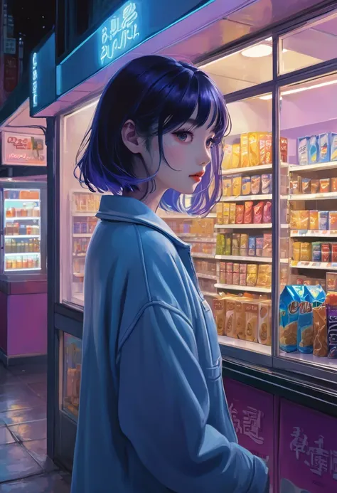 1girl, midnight convenience store, aesthetic, vibrant city lights, dimly lit shelves full of snacks and drinks, a cashier with tired eyes, fluorescent lighting casting a soft glow, late-night customers browsing the aisles, flickering neon signs outside the...