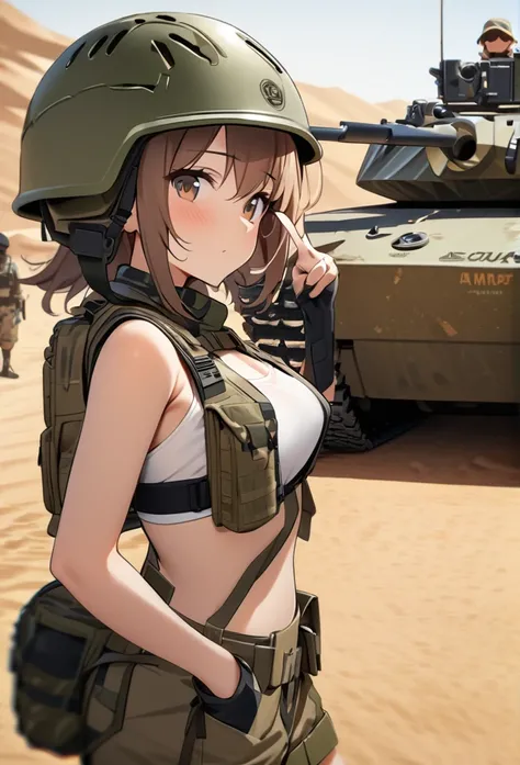 High quality, high definition images, full HD、8k.1 girl Short chestnut hair wearing  contemporarycombat uniform Wear a helmet deeply, holding a rifle,Leaning on the tank,V sign, a little bra visible,desert military campsite
