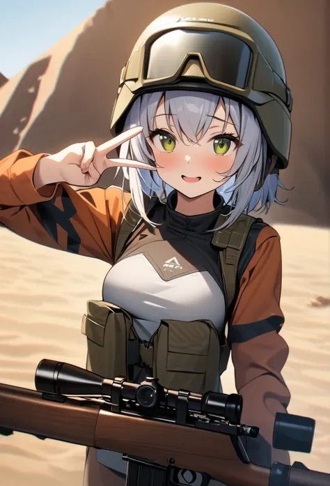 High quality, high definition images, full HD、8k.1 girl Short chestnut hair wearing  contemporarycombat uniform Wear a helmet deeply, holding a rifle,Leaning on the tank,V sign, a little bra visible,desert military campsite
