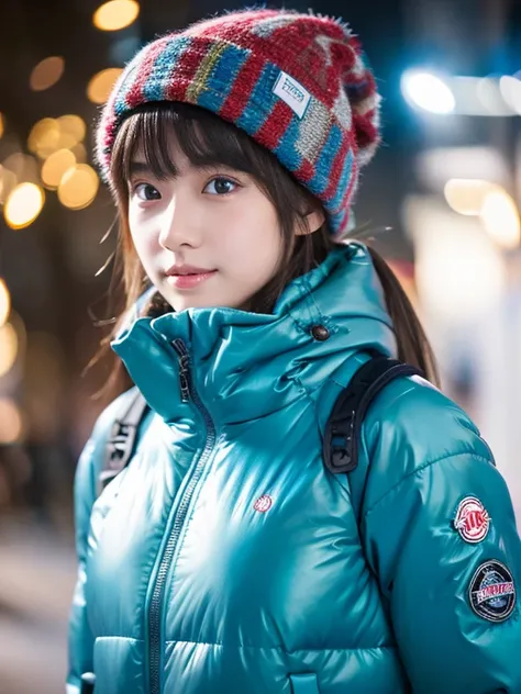 ultra realistic, 16K UHD photo of a 20-year-old Japanese girl, wearing a glossy Moncler Bady periwinkle-coloured puffer down jacket (jacket has shiny finish), high collar fully zipped up, walking among lighted Christmas trees, ice crystals on jacket, misty...