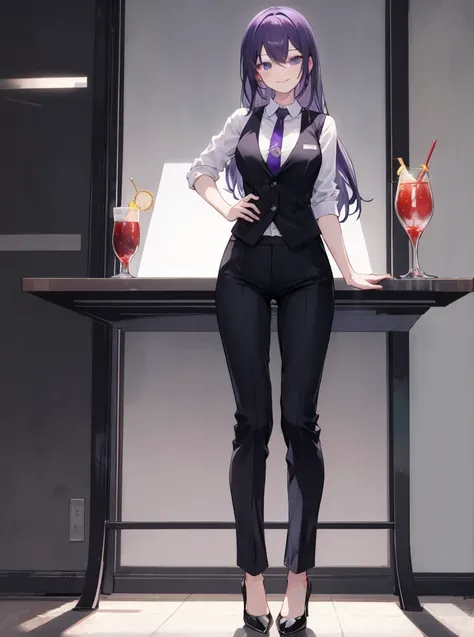 Purple,long hair,woman,bartender,Black vest,shirt,tie,pants,high heels,all,simple background,smile,whole body,full body,full body,Standing picture,vtuber,upright,,look forward to,body facing forward