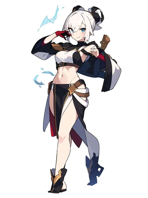 solo, female, crop top, ((( white background))), character focus, fantasy cloth, standing, character design, full body, magician,
