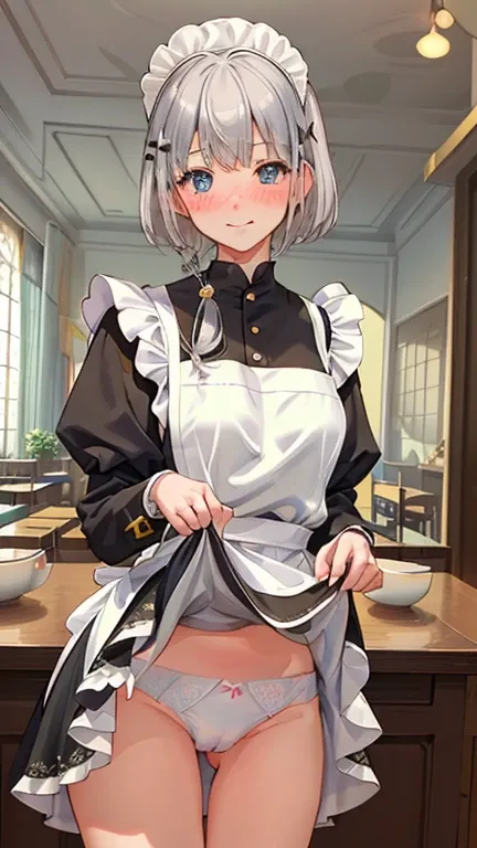 highest quality、masterpiece、((1 girl))、((smile))、(blush:1.5)、black shirt、blouse、((fun!!))、(small breasts)、(dog ears)、(silver hair)、()、((white apron:1.5))、((maid))、((hair ornaments)),、Kamimei、look at me、 ((in house:1.5))、 Take a break to watch the audience、...