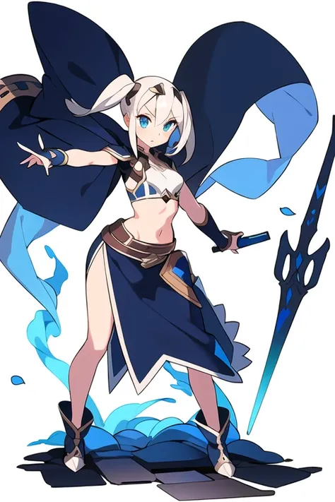 stand posture, cute eyes, 1girl, solo, high fantasy costume, ((white background)), full body, holding weapon, crop top,
