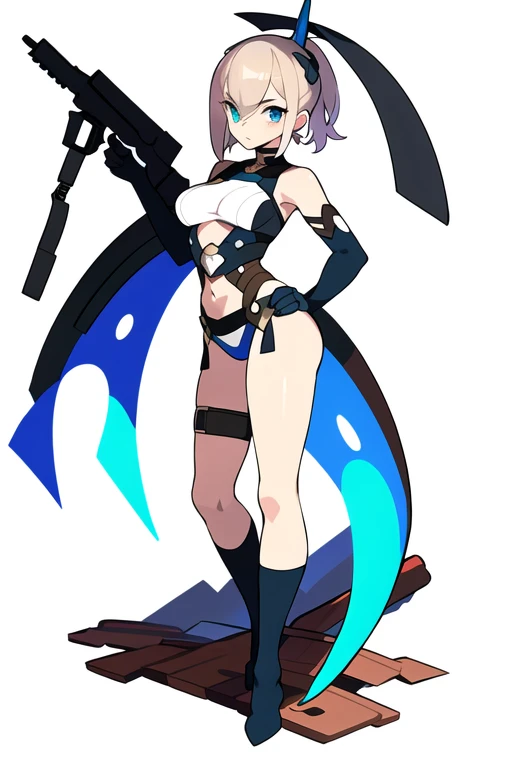 stand posture, cute eyes, 1girl, solo, high fantasy costume, ((white background)), full body, holding weapon, crop top, character design,
