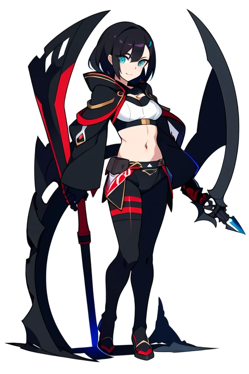 stand posture, cute eyes, 1girl, solo, high fantasy costume, ((white background)), full body, holding weapon, crop top, character design, vivid color,