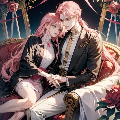 Anime boy with long pink hair, sitting majestically on a chair, holds a fragile rose between his slender fingers. His ethereal appearance is inspired by the character portraits of Hiro Yamagata, showcased on pixiv. With a neo-romanticism aesthetic, this be...