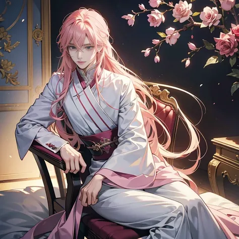 Anime boy with long pink hair, sitting majestically on a chair, holds a fragile rose between his slender fingers. His ethereal appearance is inspired by the character portraits of Hiro Yamagata, showcased on pixiv. With a neo-romanticism aesthetic, this be...