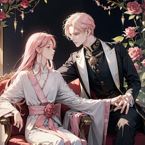 Anime boy with long pink hair, sitting majestically on a chair, holds a fragile rose between his slender fingers. His ethereal appearance is inspired by the character portraits of Hiro Yamagata, showcased on pixiv. With a neo-romanticism aesthetic, this be...