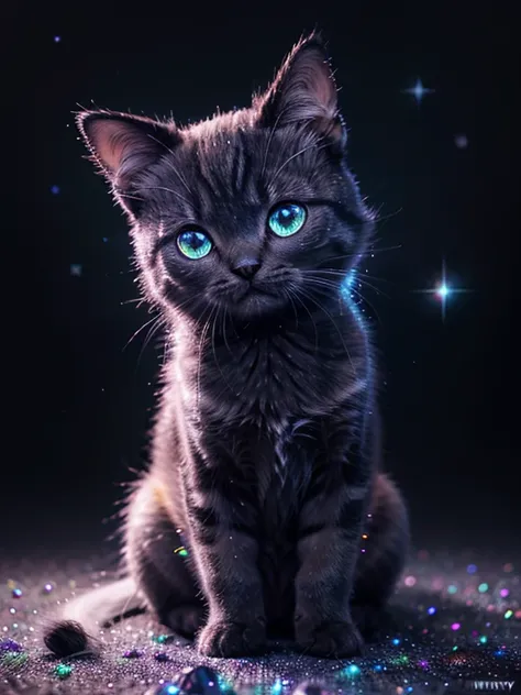 chibbi kitty, knitted cosmic star dust texture, sitting, back paws highly detailed to viwer, ultra starry, ultra HD, cosmic, soft neon highlights, pastel tones, masterpiece, hyper realistic, kawaii, digital art  deep blackbackground,ultra long eyelashes, s...