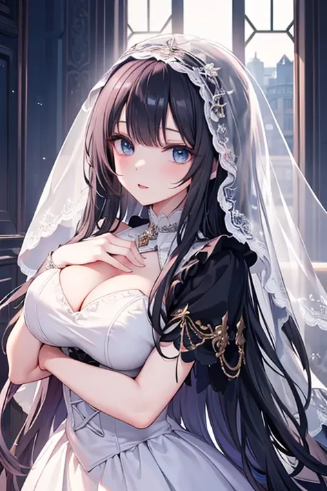 masterpiece, masterpiece_portrait, distinct, distinct_image, high_resolution, highres, high_quality_anime, high_quality, hyper_detail, finely_detailed,4K, YUJU, GFRIEND, KPOP , Wedding Dress, sexy body, ((black hair)), blue eyes, wedding veil, bouquet