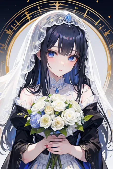 masterpiece, masterpiece_portrait, distinct, distinct_image, high_resolution, highres, high_quality_anime, high_quality, hyper_detail, finely_detailed,4K, YUJU, GFRIEND, KPOP , white Wedding Dress, sexy body, ((black hair)), blue eyes, wedding veil, bouque...