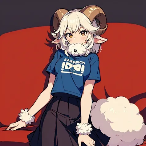 Sheep girl, t-shirt, skirt, sheep horns, sheep ears, anime, t-shirt, fluffy collar