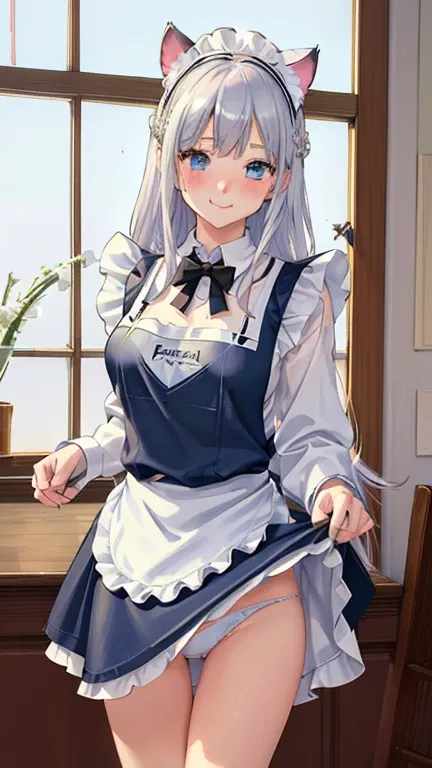 highest quality、masterpiece、((1 girl))、((smile))、(blush:1.4)、black shirt、blouse、((fun!!))、(small breasts)、(Cat ear:1.3)、(silver hair)、()、((white apron:1.5))、((maid))、((hair ornaments)),、Kamimei、look at me、 ((in house:1.5))、 Take a break to watch the audien...