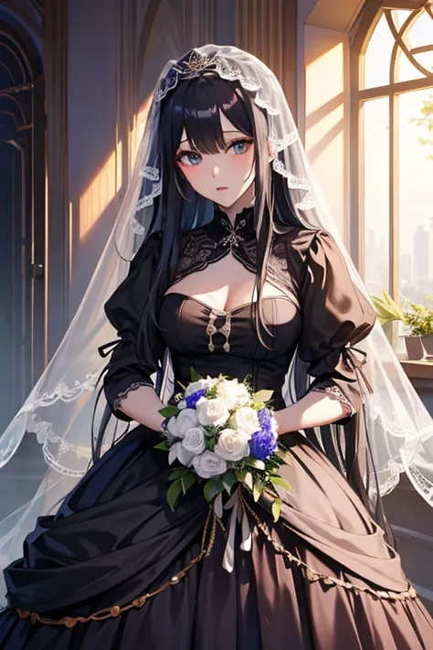 masterpiece, masterpiece_portrait, distinct, distinct_image, high_resolution, highres, high_quality_anime, high_quality, hyper_detail, finely_detailed,4K, YUJU, GFRIEND, KPOP , Wedding Dress, sexy body, ((black hair)), blue eyes, wedding veil, bouquet