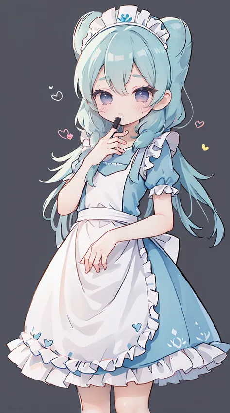 masterpiece, best quality, high resolution, aabeta, double, simple background, standing, slim waist, cute, {{{{{pastel blue fluffy puffy dress, (white apron )}}}}}, (PastelColors: 1.3)