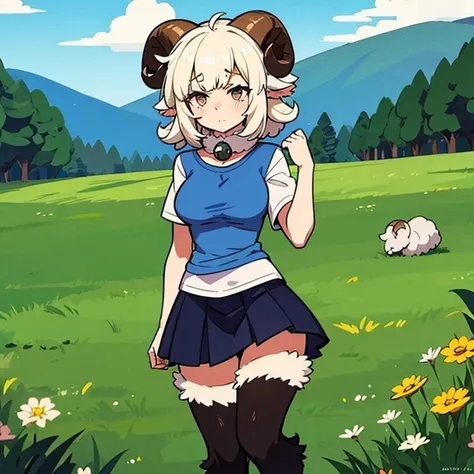 Sheep girl, t-shirt, skirt, sheep horns, sheep ears, anime, t-shirt, fluffy collar, field, sad, alone