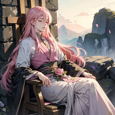 Anime guy with long pink hair, sitting elegantly on an old, worn chair, holds a fragile rose between his slender fingers. His eyes are closed, lost in thought, expressing a deep longing. His androgynous features add an enigmatic allure. (ultra-detailed, be...