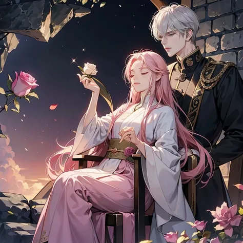 Anime guy with long pink hair, sitting elegantly on an old, worn chair, holds a fragile rose between his slender fingers. His eyes are closed, lost in thought, expressing a deep longing. His androgynous features add an enigmatic allure. (ultra-detailed, be...