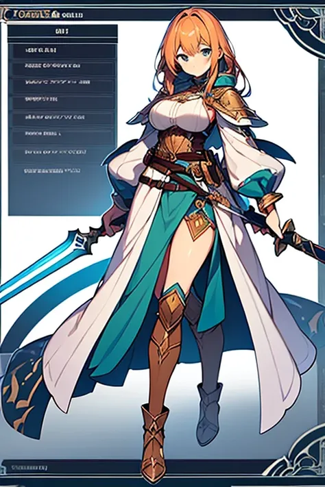 (((Best Quality))) , ((full body)), female, high fantasy outfit, reference sheet, solo, (white background), holding weapon, belt, blue, orange, green, violet, brown, white,
