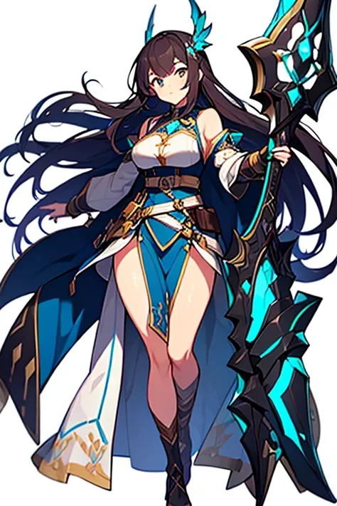 (((Best Quality))) , ((full body)), female, high fantasy outfit, solo, (white background), holding weapon, belt, blue, orange, green, violet, brown, white,
