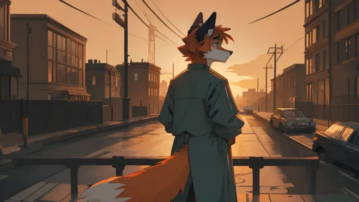 the streets of london in the twentieth century，juvenile，boy，orange fox，windbreaker，sunset，details of the background，look back at...