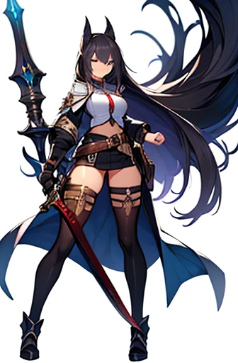 (((Best Quality))) , ((full body)), female, high fantasy outfit, solo, (white background), holding weapon, belt, 
