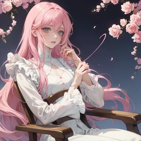 Anime girl with long pink hair sitting leisurely on a vintage chair, holding a fragile rose between her slender fingers. Her expression is thoughtful, her eyes downcast as she Lost in her own world. This captivating character portrait is reminiscent of Hir...