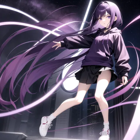 Anime ai beautiful tomboyish girl, short, has long dark purple hair not tied, white skin, dark purple eyes, wears a dark purple hoodie, wears a short black skirt,In the city at night, long hair 